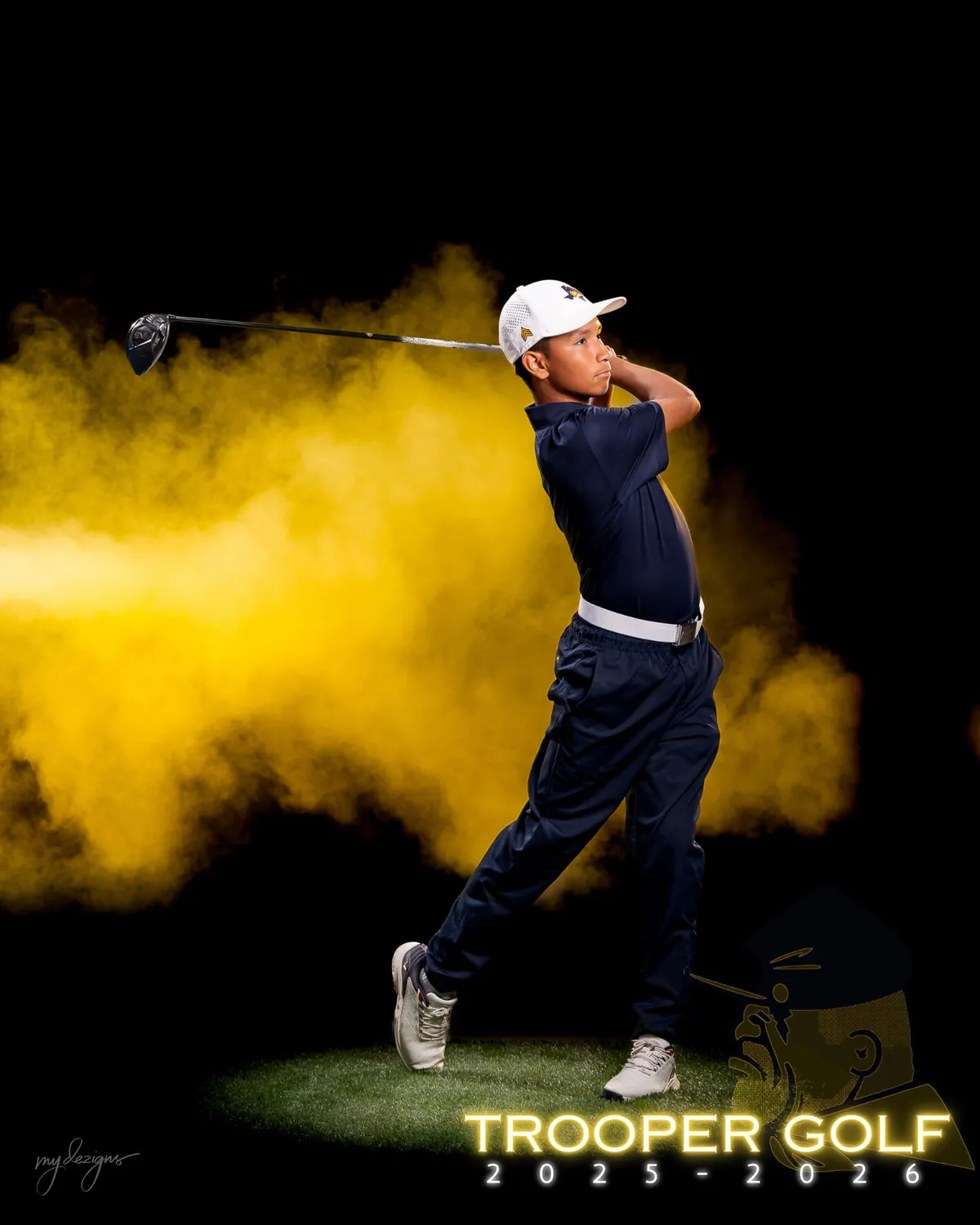 Eastwood golfer finishing a drive in front of gold smoke